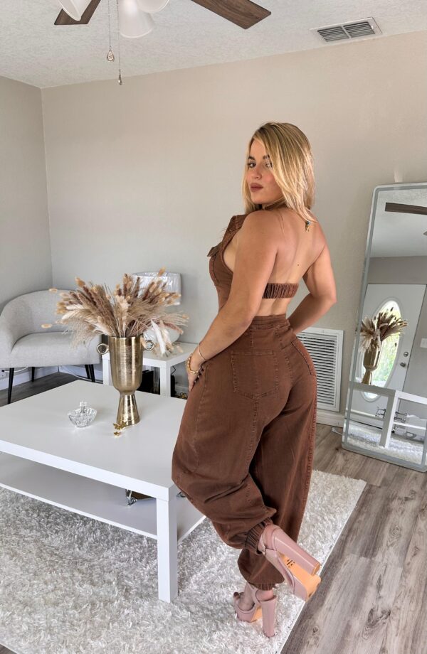 Brown denim jumpsuit